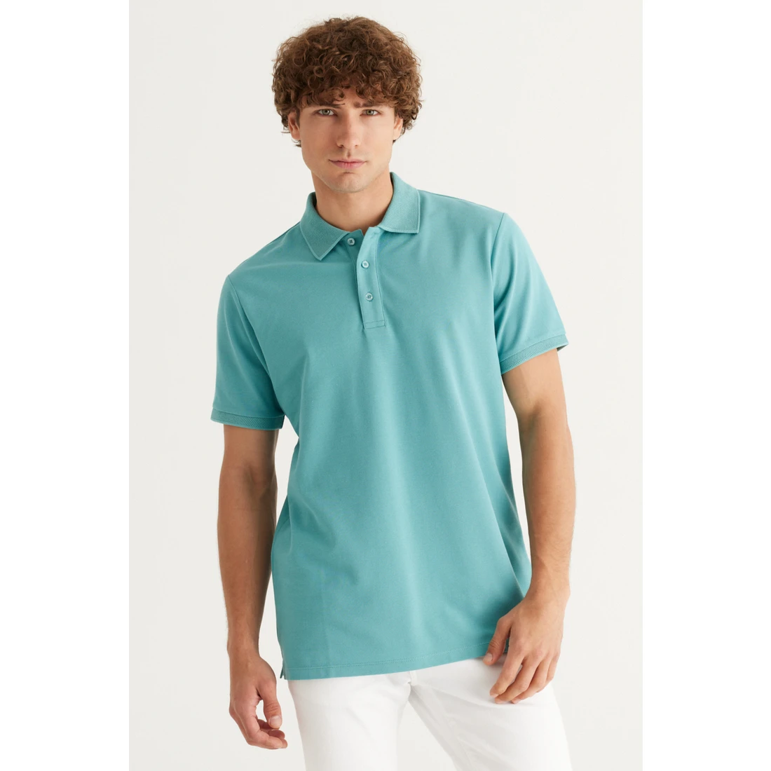 Erkek Petrol %100 Pamuk Kıvrılmaz Yaka Slim Fit Dar Kesim Polo Yaka